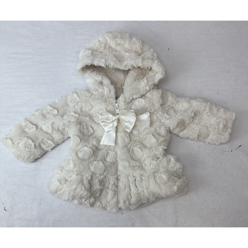 American Widgeon Baby Girl Faux Fur Hooded Coat 9 Months White Winter Jacket Bow